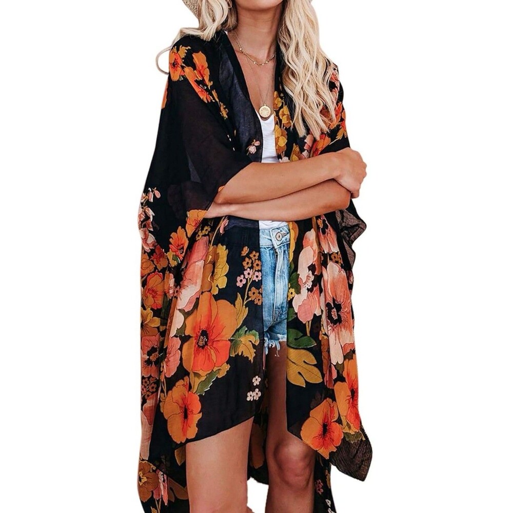 Kimonos for Women Chiffon Swimsuit Coverups Beach Swimwear Cardigan S Black